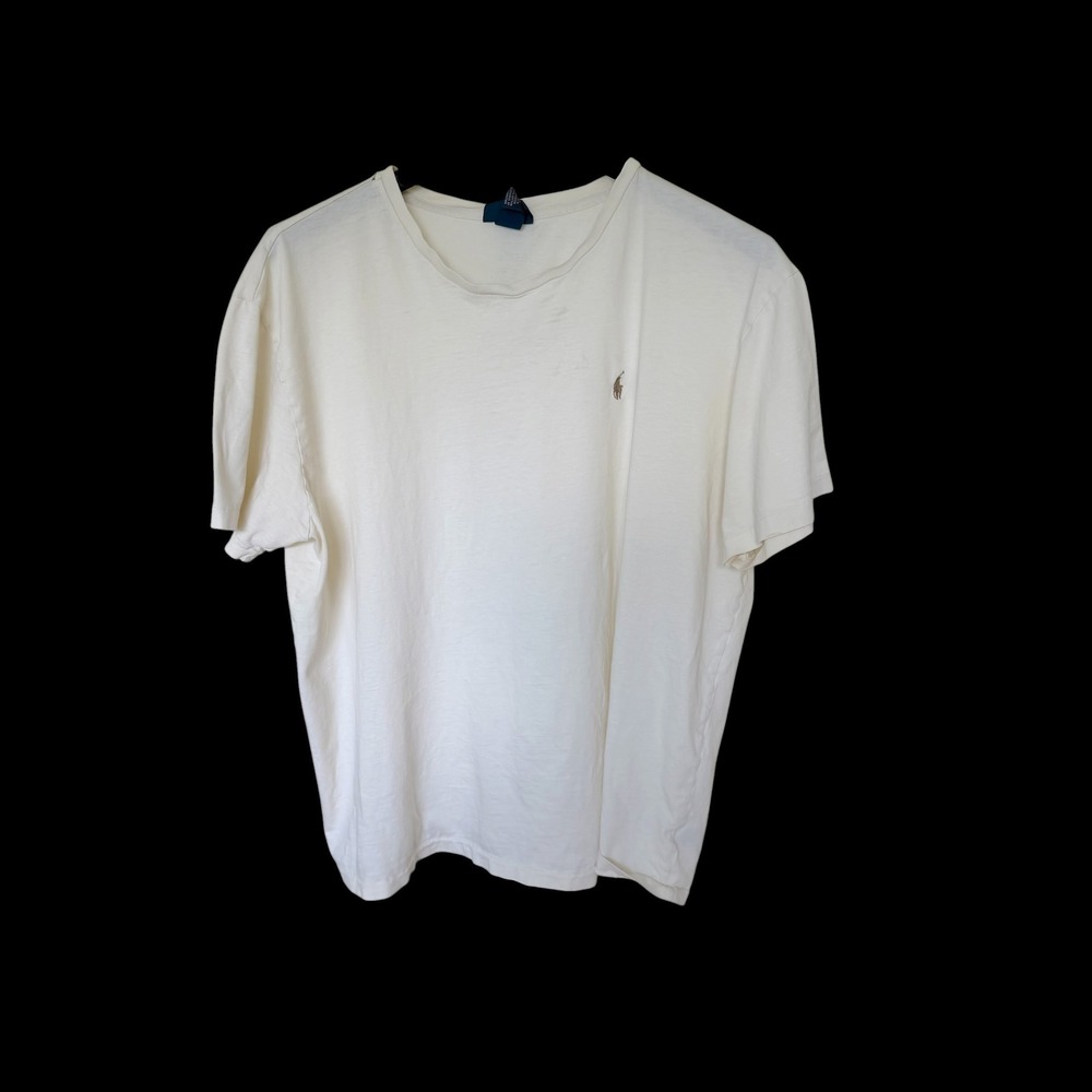 90's Polo Ralph Lauren XL Cream Cotton Short Sleeve Pony Logo T-Shirt Distressed